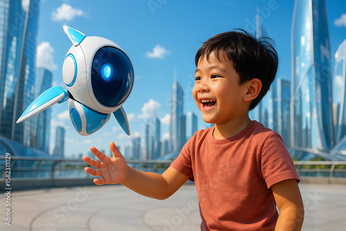 Joyful boy smiles and reaches toward flying robotic drone in sunny park setting of futuristic city