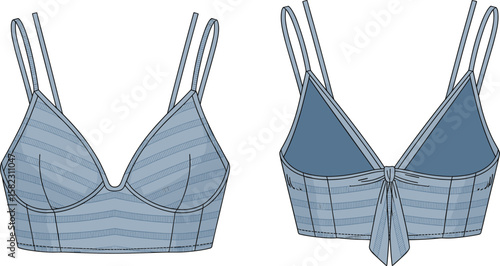 Stylish striped bralette, tie back detail, technical flat sketch, fashion illustration, front and back view, summer lingerie design