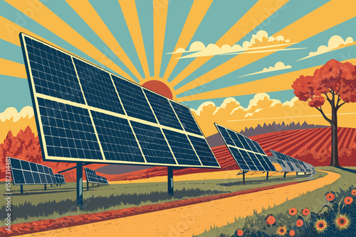 Sensational Solar Farm with Sun Tracking Panels Vibrant Vect Visual Excellence Standard Cool Refreshing Aesthetic Ideal for Product Marketing Materials Contemporary Lifestyle Photography Excellence Cr