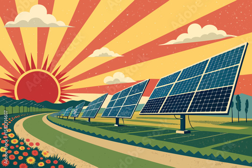 Splendid Solar Farm with Sun Tracking Panels Vibrant Vect Elegant Presentation Style Bold Striking Visual Impact Ideal for Editorial Content Creation Contemporary Lifestyle Photography Excellence Crea