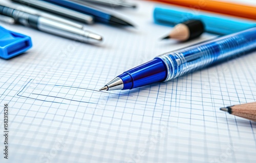 Close-up of assorted writing implements on graph paper.  A blue pen rests in the foreground, with other pens and pencils visible in the background.  A blank space is drawn on the paper