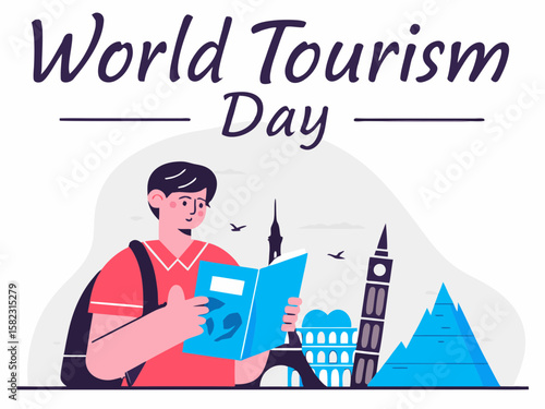 World Tourism Day Illustration Young Traveler with Guidebook in Front of Landmarks Celebrating Global Travel