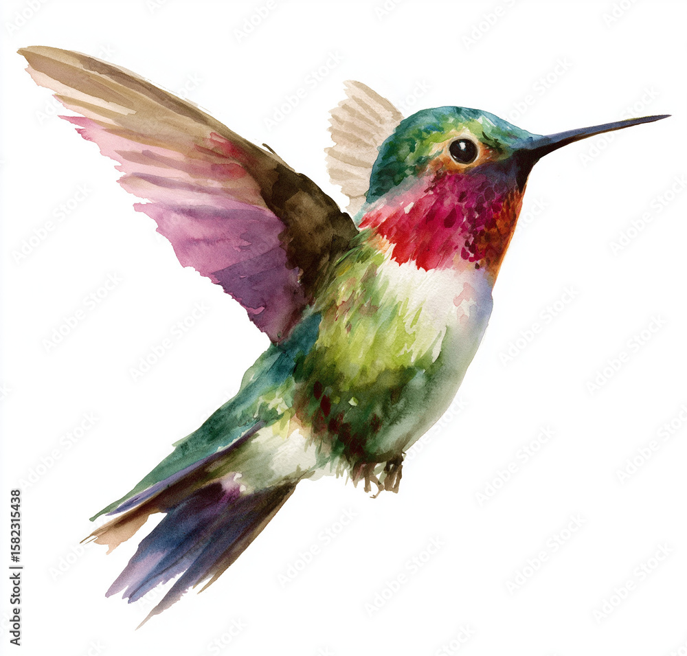 Obraz premium Watercolor hummingbird artwork, red isolated backdrop