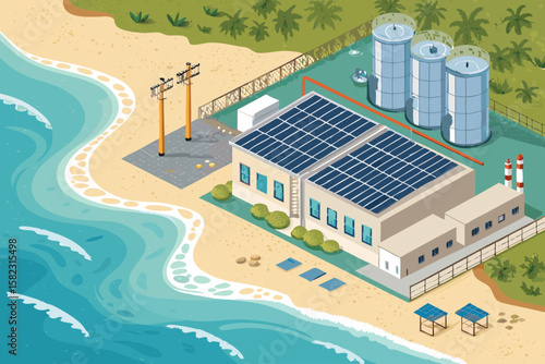 Stunning Solar Powered Water Desalination Plant Coastli Artistic Expression Excellence Clean Minimalist Design Ideal for Product Marketing Materials Digital Marketing Content Creation Creative Asset
