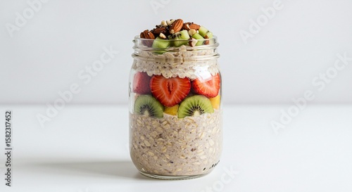 Healthy Fruit and Oatmeal Jar with Fresh Strawberries Kiwi Nuts on White Background