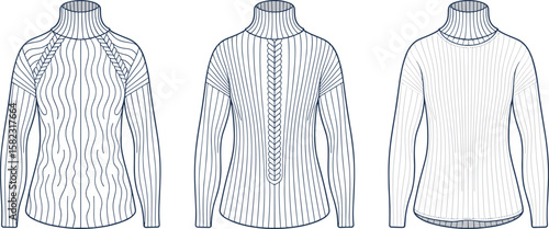 Turtleneck sweater fashion flat sketch, women knitwear design, cable knit pattern, front and back view, vector template illustration