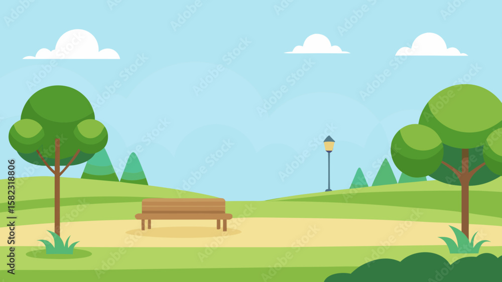 Fototapeta premium Open park background with soft grass and sky vector illustration