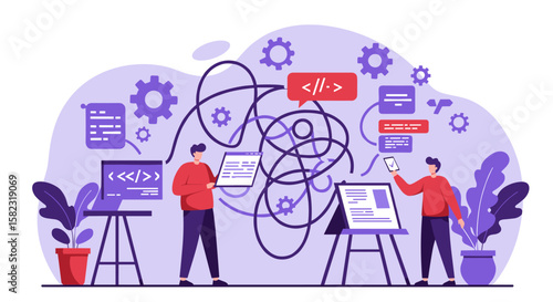 Flat style teamwork and problem solving in software development concept art