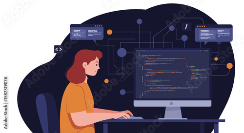 Female developer coding on desktop computer in modern flat design