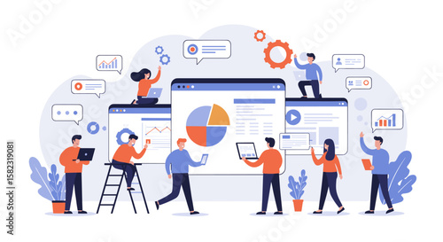 Collaborative team analyzing data on digital platforms with charts and graphs