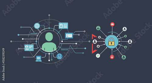 Cybersecurity network diagram with lock and data connections in flat design