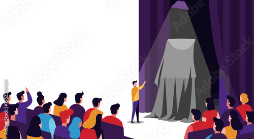 Audience anticipates unveiling on stage with performer and spotlight