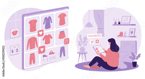 Woman shopping online for clothes in cozy minimalist living room scene