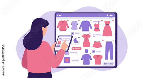 Woman shopping for clothes online with tablet and digital fashion store display