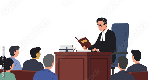 Judge presides over courtroom reading verdict with audience present