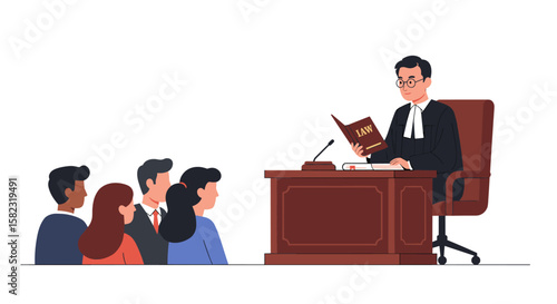 Courtroom scene with lawyer addressing jury in modern flat style