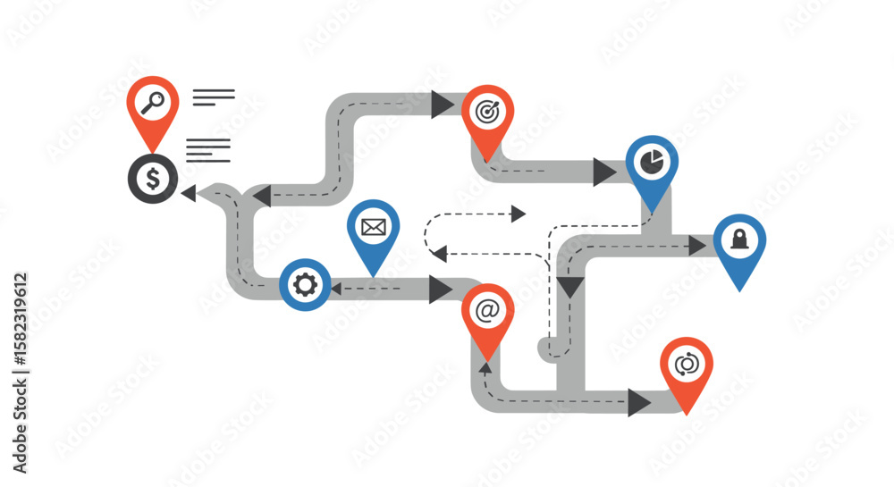 Fototapeta premium Business workflow diagram with icons and arrows in flat design