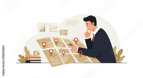 Businessman analyzing geographical data on map with graphs