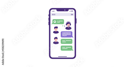 Colorful chat app interface on smartphone screen with user avatars in flat style