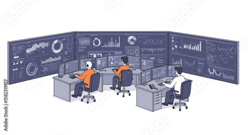 Isometric control room with data analysis screen displays and operators
