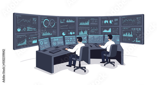 Data analysts monitoring multiple digital dashboards in a modern control room