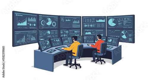 Modern control room with multiple displays showcasing data analytics and graphs