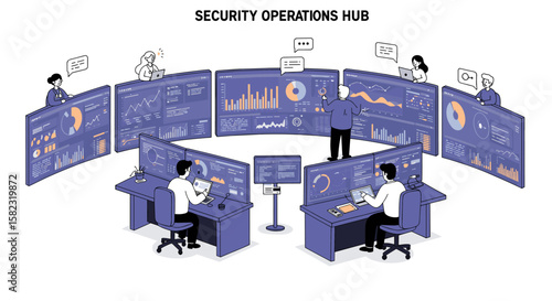 Security operations hub with analysts monitoring digital dashboards and data