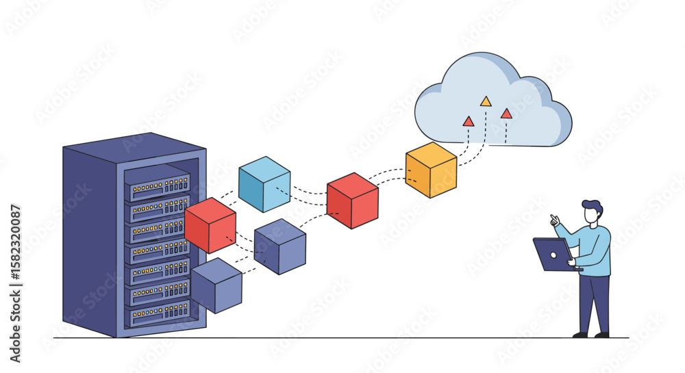 Cloud computing concept with data migration and it specialist in flat design