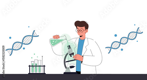 Flat design scientist conducting experiment with microscope and dna elements
