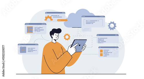 Man using digital tablet with cloud computing interface and software development elements
