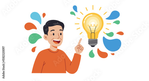 Creative idea concept with cheerful character and light bulb in colorful style