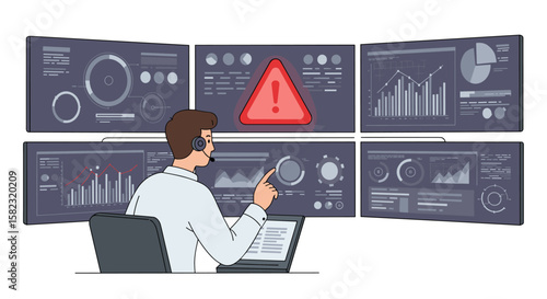 Cybersecurity analyst monitoring alert on multiple screens in control room
