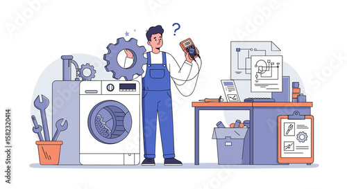 Repairman diagnosing washing machine problem in workshop setting