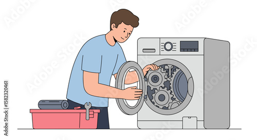 Person repairing washing machine with gears visible inside for diy home maintenance concept