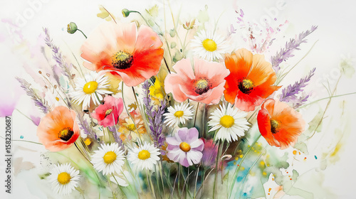 Delicate watercolor bouquet of wildflowers showcasing vibrant colors and natural beauty in a serene setting