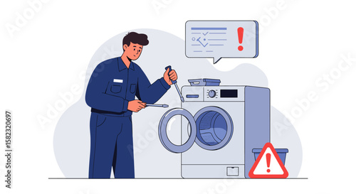 Technician repairing washing machine with warning signs in modern style