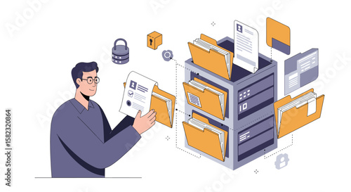 Data management concept with person organizing digital files on a cloud server