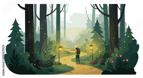 Tranquil forest adventure with lanterns and fireflies in flat design