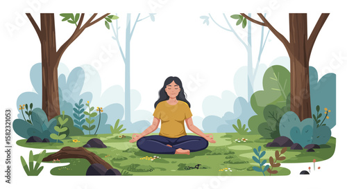 Serene meditation in peaceful forest setting with natural elements