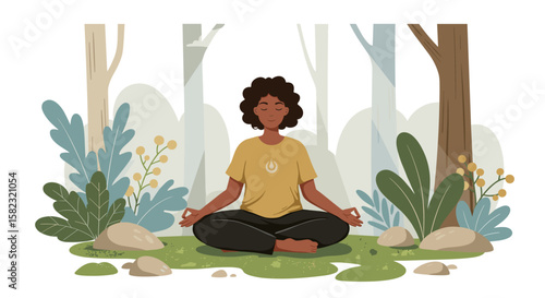 Relaxed meditation in forest setting with woman practicing yoga amid nature elements