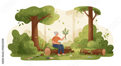 Elderly woman enjoying nature in lush forest setting