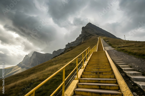 Climbing up bright yellow steps towards a majestic mountain peak on a cloudy day showcases adventure and challenge.