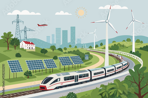 Captivating Wind and Solar Powered Rail Transit System Vecto Skilled Craftsmanship Display Dramatic Intense Emotion Ideal for Product Marketing Materials Social Media Ready Visual Content Creative Ass