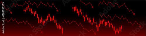 Red down arrow and candle stick vector, depicting a strong market downturn and price decline. Ideal for financial reports, trading signals, or economic analysis indicating significant losses.