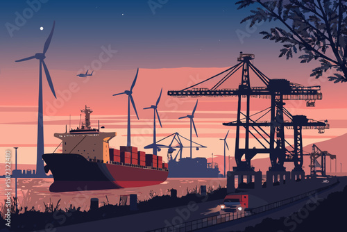 Remarkable Wind Powered Cargo Port Dusk Backgroun Visual Excellence Standard Mysterious Intriguing Appeal Suitable for Corporate Communications Professional Grade Creative Asset Collection Creative As