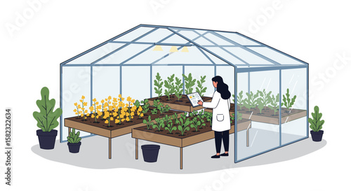 Greenhouse gardening: scientist examining diverse plants in modern glass structure