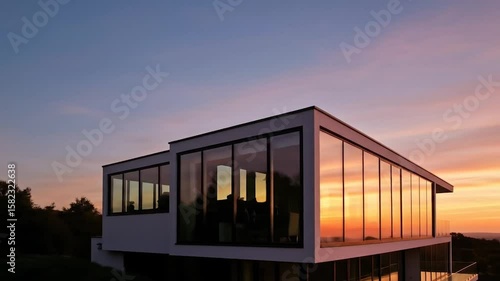 Modern house with large windows overlooking a colorful sunset sky.