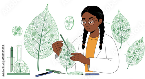 Scientist analyzing leaves with laboratory tools and glassware in flat style
