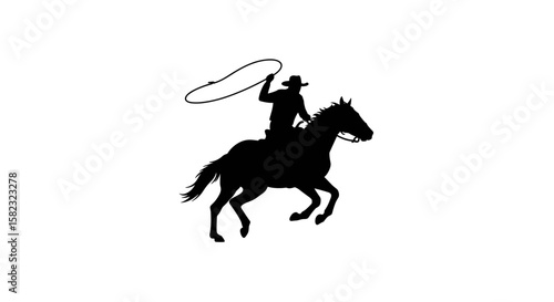 Silhouette of cowboy lassoing on galloping horse against white background