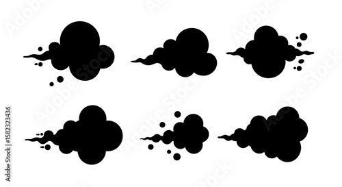 Set of six black smoke silhouettes on white background